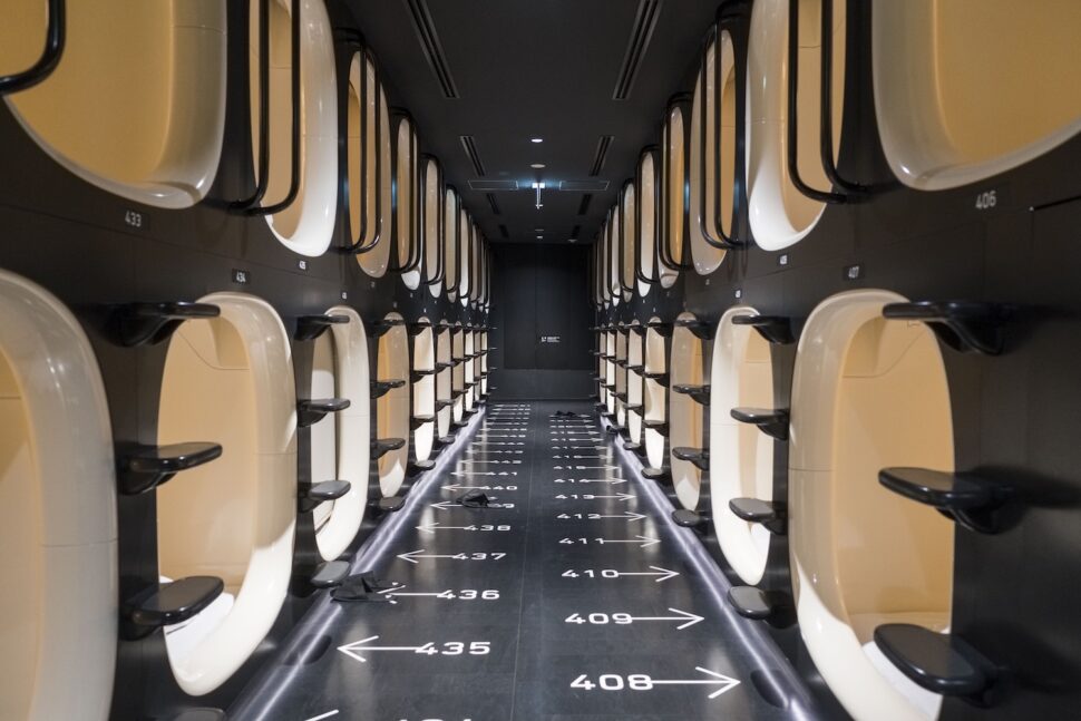 9h nine hours Shinjuku North capsule hotel, Shin Okubo. Basic sleeping accommodation in confined spaces in shared dormitories, one-night stand-by solution.